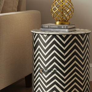 Handcrafted Modern Eco-Friendly Black & <b>White</b> Bone Inlay Nightstand with 2 Drawers Floral Pattern Round <b>Bedside</b> Cabinet - Product Image 2