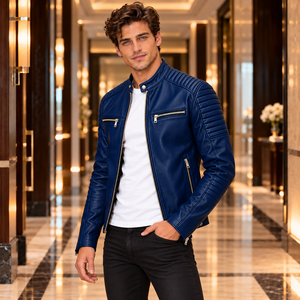 Blouson de motard en cuir bleu roi pour homme, coupe ajustée, fermeture éclair, col montant, épaules côtelées, style Café Racer, vêtement d'extérieur décontracté, vente en gros, personnalisable - Product Image 3