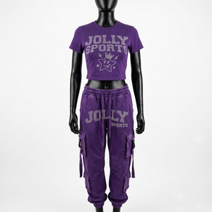 Women Premium 320 GSM Cotton Fleece Crop <b>Top</b> And Cargo Pant Set Purple <b>Rhinestone</b> Heat Transfer Custom Logo Women's Sets - Product Image 1