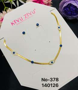 Classic Gold Plated Stainless Steel Women's Necklace Set <b>Blue</b> Enamel Matching <b>Stud</b> <b>Earrings</b> for Engagement Anniversary Party - Product Image 2