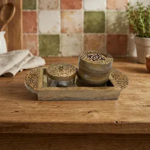 Ensemble brûle-encens en bois sculpté sur plateau décoratif avec un pot à couvercle en treillis et un récipient de rangement en acrylique pour l'aromathérapie - Product Image 6