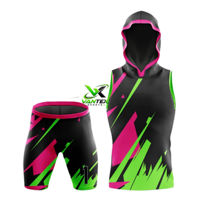 Ensemble maillot et short sans manches à capuche rose et vert pour homme, 100 % polyester, personnalisable par sublimation Vantex Sports - Product Image 1
