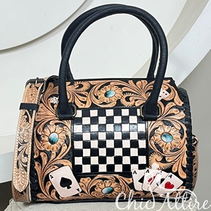 Bolso de Mano de Cuero Repujado a Mano, Diseño de Cartas de Póker a Cuadros Blancos y Negros, Bolso Bandolera para Mujer, Superventas - Product Image 1