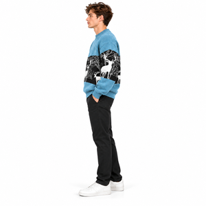 Men’s Blue Deer Jacquard Knit <b>Sweater</b> Winter Crew Neck Long Sleeve Pullover Casual Warm Fashion <b>Sweater</b> - Product Image 2