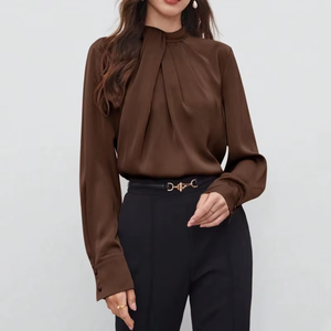 Custom Made Lady's Long Sleeve Fashion <b>Satin</b> <b>Blouse</b> Women's Shirt with Pleated Collar - Product Image 6