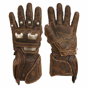 Custom Genuine Distressed Brown <b>Leather</b> Print Heavy Duty Motorcycle Gauntlet Gloves Cycling Street Racing Riding Biker Long <b>Cuff</b> - Product Image 1