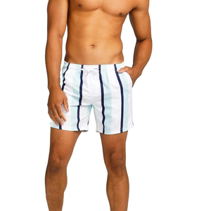 <b>Men</b> Striped Swim <b>Trunks</b> Quick Dry Drawstring Waist Casual Board Shorts Mid Length White Blue Patterned Woven Fabric - Product Image 1