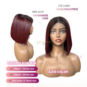 Wholesale Raw Vietnamese Hair Short 2x6 for Lace Closure <b>Bob</b> <b>Wigs</b> Double Drawn Transparent Lace Burgundy Wine Black Women - Product Image 5