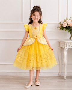 Robe de bal jaune pour filles, style princesse, avec tulle pailleté et satin fleuri |   Robe de fête de conte de fées - Product Image 4