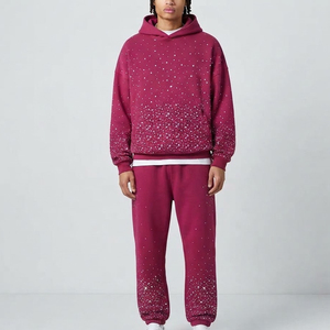 Ensemble de survêtement personnalisé en strass pour hommes, avec sweat à capuche et pantalon ornés de cristaux, confortable et décontracté, vente en gros - Product Image 1
