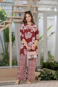 Women Maroon Printed Co-Ord Set Cotton Kurta & Pants 2 Piece Casual Outfit - Product Image 6
