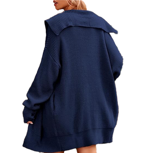 Luxury Class Women's <b>Navy</b> <b>Blue</b> Knitted Hooded <b>Cardigan</b> Long Sleeve Solid Color Button Front Casual Autumn Wear - Product Image 4
