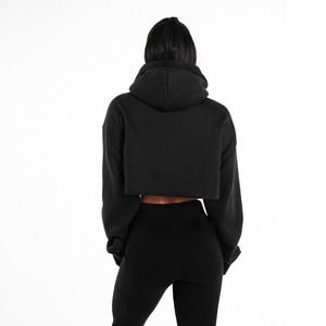 Sweat-shirt à capuche court noir pour femme, couleur unie, décontracté, à manches longues, tricoté, respirant, pour l'automne - Product Image 1