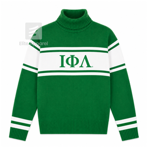 Logo brodé personnalisé de la sororité Iota Phi Lambda sur le devant, col roulé, rayures vertes et blanches, pour vêtements grecs féminins - Product Image 1