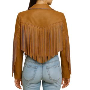 Custom Women Brown Fringe <b>Leather</b> <b>Jacket</b> Vintage Western Cowgirl Cropped PU <b>Leather</b> <b>Jacket</b> Casual <b>Suede</b> Fringe Outerwear <b>Jackets</b> - Product Image 2