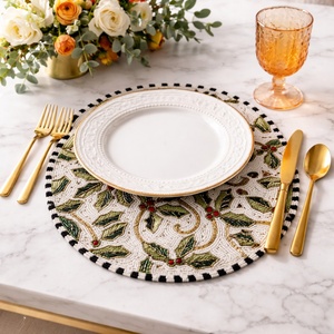 Luxury Handmade Beaded Placemat <b>Round</b> <b>Table</b> <b>Mat</b> Decorative Dining <b>Table</b> Setting Christmas Holly Design Custom Home Decor - Product Image 1