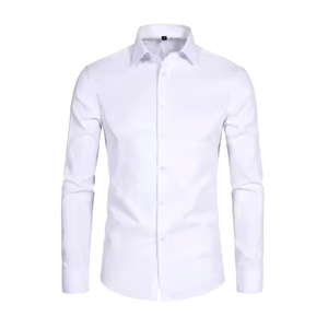 Chemise habillée homme blanche 100 % coton popeline style italien respirante à manches longues col rabattu formelle infroissable couleur unie - Product Image 3