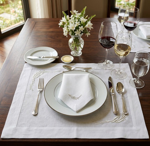 Custom Wholesale Embroidery Beige Fishes Placemat&Napkin Set <b>White</b> Linen for Home Restaurant Events - Product Image 1