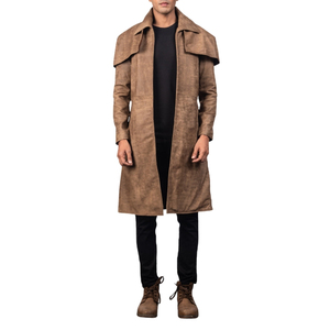 Manteau long en cuir véritable marron pour homme, à col cape, manches longues, ouvert sur le devant, longueur genou - Product Image 1