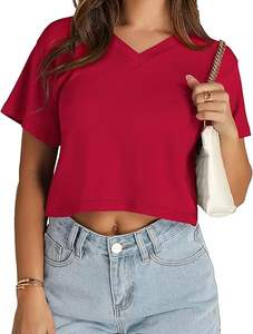 Tops Cortos de Alta Calidad para Mujer, Camisetas Básicas de Verano con Cuello en V, Camisetas Casuales de Manga Corta - Product Image 3