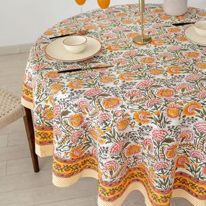 Floral Printed Round <b>Tablecloth</b> Cotton Linen Handmade Washable <b>Party</b> Use Modern White Pink Orange Pattern - Product Image 1