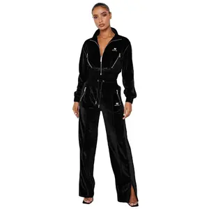 Black color women velour tracksuit with the zip design manufacture by Hawk Eye Sports ( PayPal Verified )