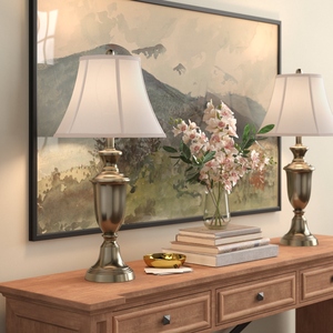 <b>Vintage</b> design Antique Brass <b>Table</b> Lamp Set of 2 Classic <b>Bedside</b> Desk Light Bell Fabric Shade Traditional Bedroom Living Room - Product Image 4