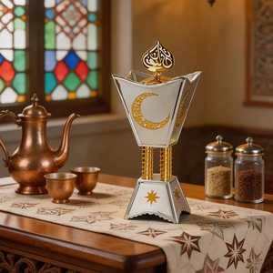 Mabkhara de luxe en bois avec incrustations géométriques, brûleur d'oud arabe traditionnel avec mosaïque style nacre et bordure argentée cloutée - Product Image 3