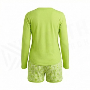 Conjunto Deportivo de Punto de 2 Piezas para Mujer, Top de Manga Larga con Botones y Pantalones Cortos Geométricos Verdes, Estilo Casual para Primavera/Verano - Product Image 2