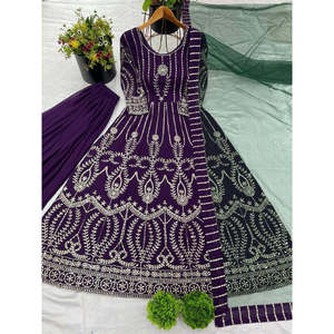 Hermoso Conjunto de Salwar Kameez de Poliéster con Bordado Pesado y Lentejuelas, Estilo Top-Down y Dupatta, para Bodas, Talla XL - Product Image 3