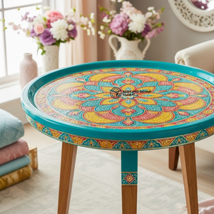 Traditional Hand-Painted Meena Wooden <b>Stool</b> Decorative Round Coffee <b>Table</b> <b>with</b> Mandala Art Ethnic Indian Style Tripod Side <b>Table</b> - Product Image 6