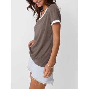 2025 2025 été femmes à manches courtes tunique basique hauts d'entraînement avec col en v doux décontracté mode tenues en taille XS - Product Image 4