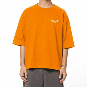 T-shirt en coton noir surdimensionné avec logo brodé en forme d'aile sur le devant, t-shirt décontracté à manches courtes et col rond pour homme - Product Image 4
