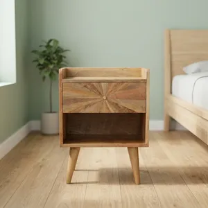 Table de chevet vintage en bois massif sculpté en forme de cube, avec un tiroir et deux compartiments, support en bois rustique pour chambre à coucher et salon - Product Image 6