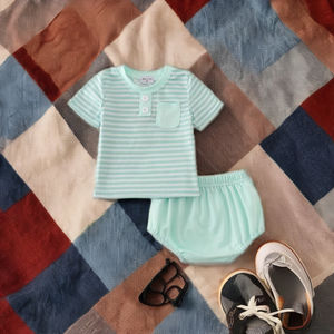 Vente chaude Garçons Vêtements Ensemble Léger et Respirant Classique Menthe Rayure Motif Bloomer Ensemble - Product Image 6