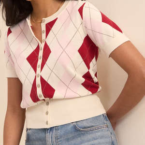 Cardigan à manches courtes pour femme, motif Argyle, col boutonné, 100% acrylique, style preppy, toutes saisons, coupe classique - Product Image 2