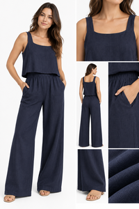 Ensemble coordonné bohème tendance en lin/coton - Débardeur court bleu marine et pantalon confortable longueur cheville, écologique et respirant pour femme - Collection été - Product Image 3