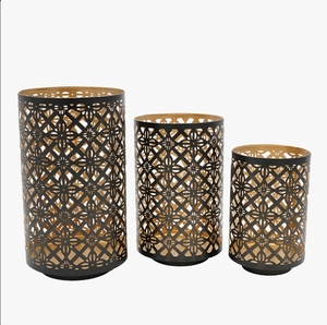 Porte-bougies cylindriques en métal noir et or, découpés en treillis, lanternes votives pour la décoration de table moderne à la maison - Product Image 2