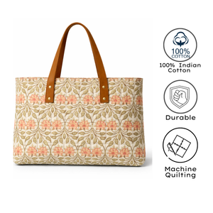 Canvas Tote <b>Bag</b> Leaf Pattern Brown Leather Handles Zip Closure Summer Autumn Daily Use All Minimalist Style Indian Hand Block - Product Image 3