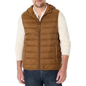 Men's <b>Brown</b> Hooded Puffer <b>Vest</b> Zipper Closure Windproof Casual Outerwear Solid Design Autumn Wear - Product Image 1