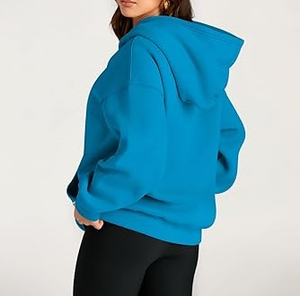 Sweat-shirt à capuche oversize pour femme, couleur unie, en coton tricoté long et respirant, avec poches, idéal pour l'automne - Product Image 2