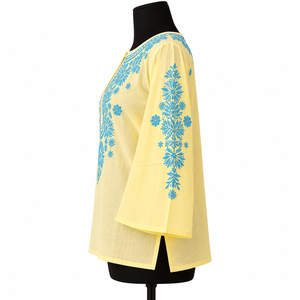 Yellow Viscose Cotton Digital Print Quick Dry Stretchable Tunic Top Long Sleeve Neck Floral Pattern <b>Women's</b> Summer Ethnic <b>Kurta</b> - Product Image 1