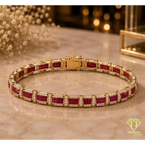 <b>Red</b> Rectangular Stone Tennis Bracelet With Gold <b>Tone</b> Geometric Links And Clear Accent Stones For Wholesale Jewelry Buyers - Product Image 2