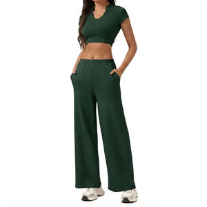 DROGEN EXPORTS Custom Women Solid Tracksuit Short Sleeve <b>Crop</b> <b>Top</b> High Waist Wide Leg Pocket Pants Quick Dry Gym Fitness Casual - Product Image 1