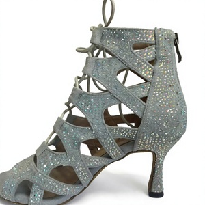 Baifa Danzo – Bottes de danse grises à paillettes pour femme, à lacets, bout ouvert, talon, chaussures de danse de salon et latine, tige synthétique, cuir de haute qualité - Product Image 1