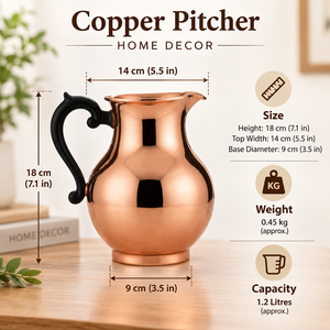 Carafe à eau en cuivre pur avec poignée noire, vaisselle ayurvédique artisanale, carafe en cuivre lisse, ensemble de vaisselle de table - Product Image 2