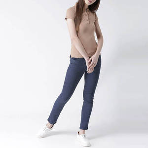 Polo de punto liso para mujer, manga tres cuartos, top informal, color marrón - Product Image 2