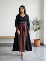 Robe indienne pakistanaise à col en V, manches longues, longueur midi, taille brodée, jupe rayée, vêtements décontractés pour femmes