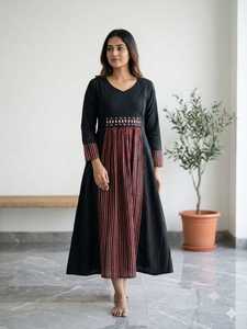 Indian Pakistani Dress V Neck Long Sleeve Midi Dress Embroidered Waist Striped Skirt Women Casual Wear - Product Image 3