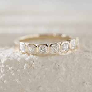 Handcrafted 2.5mm Asscher Cut Lab Grown Diamond IGI Certified <b>Gold</b> <b>Ring</b> Luxury 7-Stone Bezel <b>Set</b> Half Eternity Wedding Band - Product Image 3